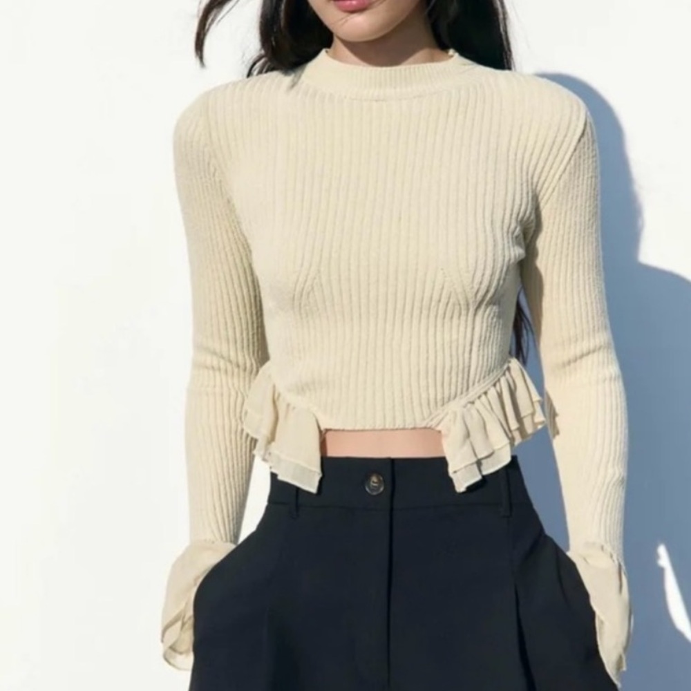 Zara Beige Solid Rib-Knit Ruffle Hem Pullover Sweater Crew Neck Long Sleeve S - Picture 5 of 5